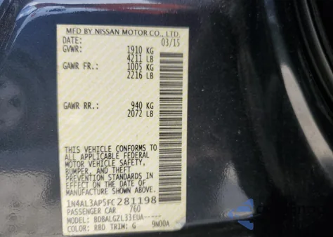 2015 Nissan Altima 2.5 z USA, uszkodzony, nr VIN 1N4AL3AP5FC281198